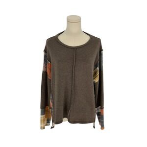 Haptics Holly Harper Brown Ribbed Knit Patchwork Plaid Mixed Media Top Womens